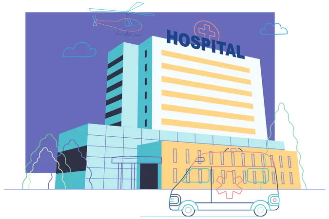 Hospital com veículo de emergência  Ilustração