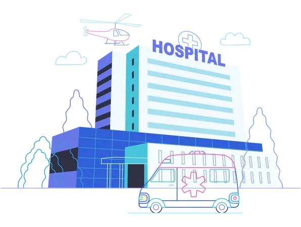 Hospital con vehículo de emergencia  Ilustración
