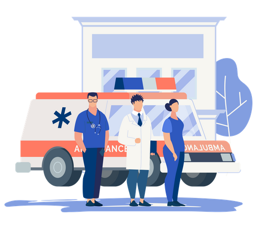 Hospital e assistentes médicos e ambulância  Ilustração