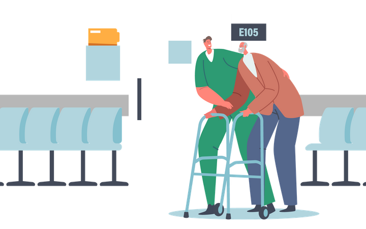 Hospital staff helping old patient move Illustration
