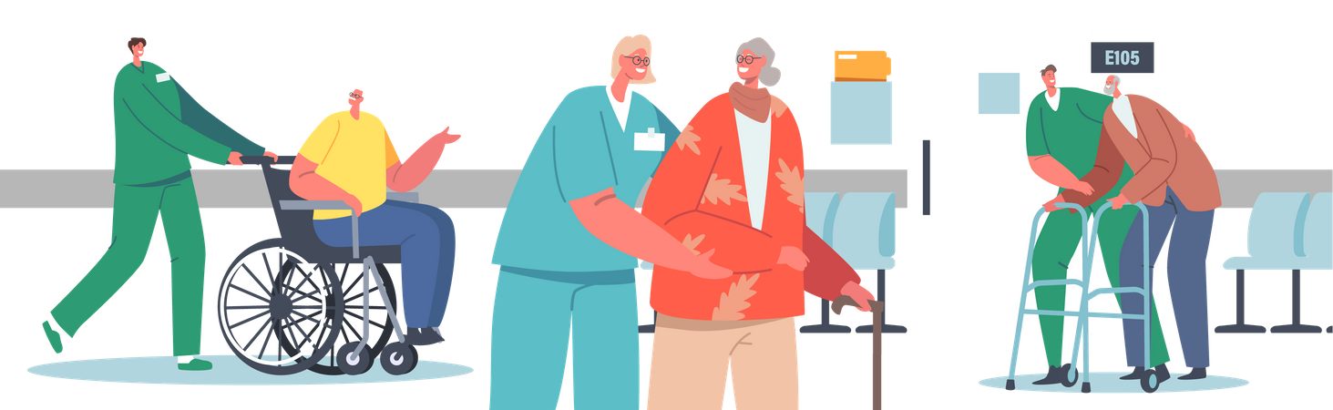 Hospital staff helping old patients Illustration