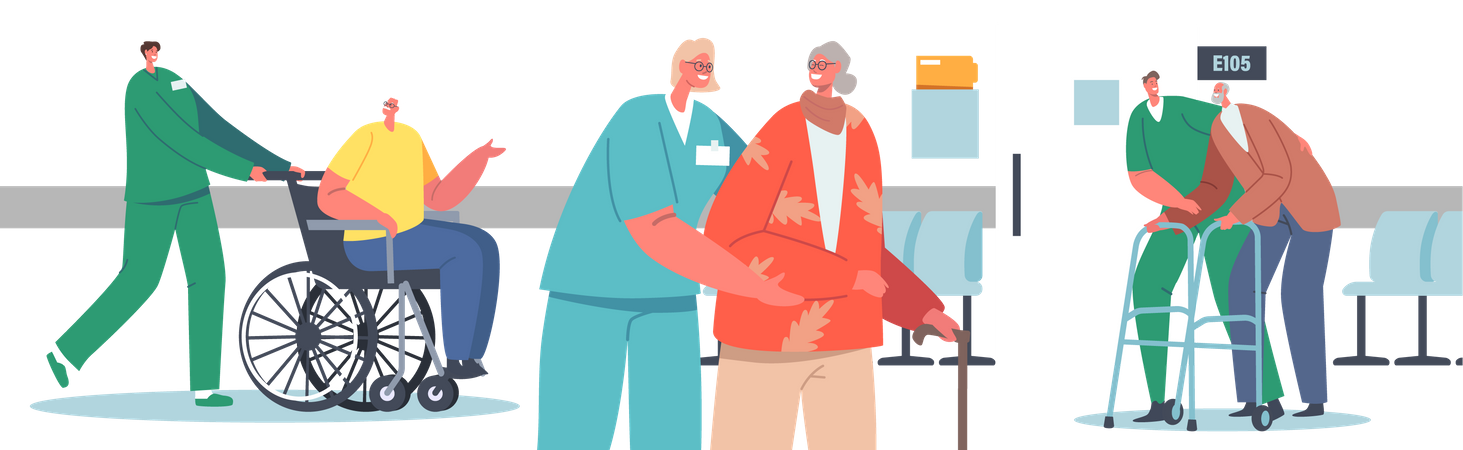 Hospital staff helping old patients  Illustration