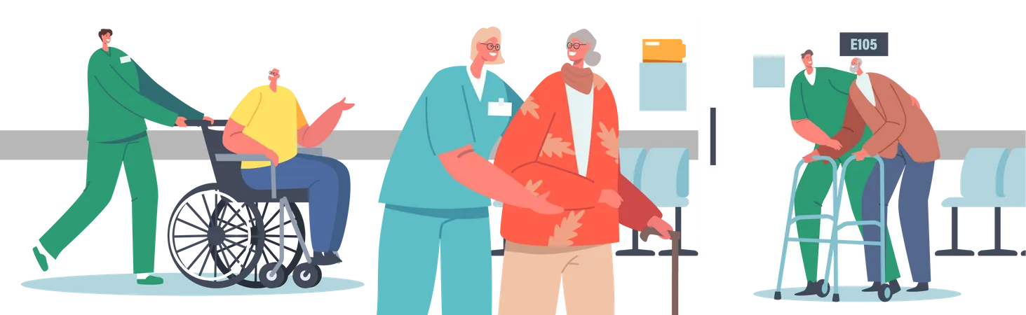 Hospital staff helping old patients  Illustration