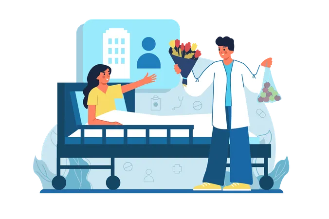 Hospital Visitors Medicine Blue Concept With People Scene In The Flat Cartoon Design A Man Came To Visit His Wife In The Hospital Vector Illustration Illustration