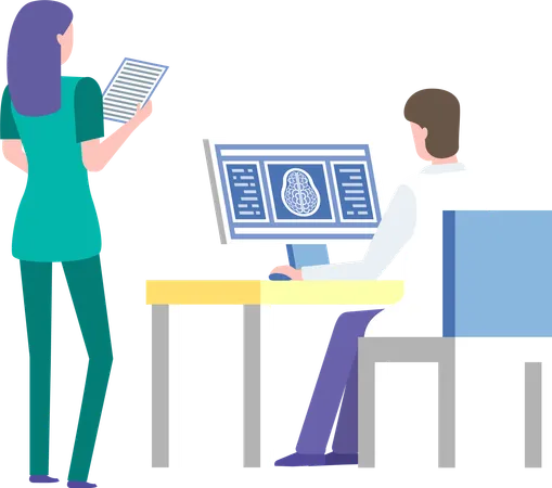 Clinic Isolated Doctor And Nurse Assistant Reading Xray Scan On Paper Male Wearing White Coat Doc By Table With Computer And Information Vector Illustration In Flat Cartoon Style Illustration