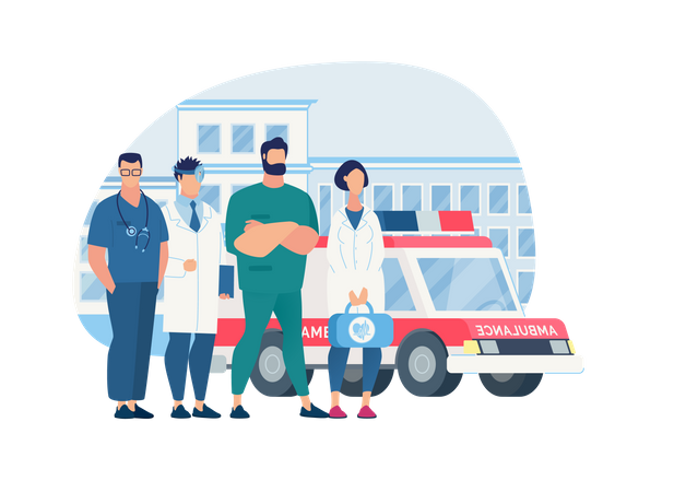 Asistentes médicos y hospitalarios y ambulancia.  Ilustración