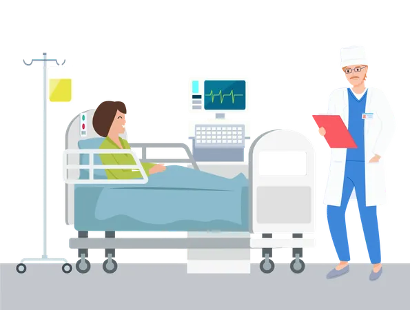 Hospitalization Of The Patient A Man Doctor Wearing Uniform Taking Care Of A Sick Woman Lying In A Medical Bed Medic Talking To Girl About Test Results Medicines Sick Patient In The Treatment Room Illustration