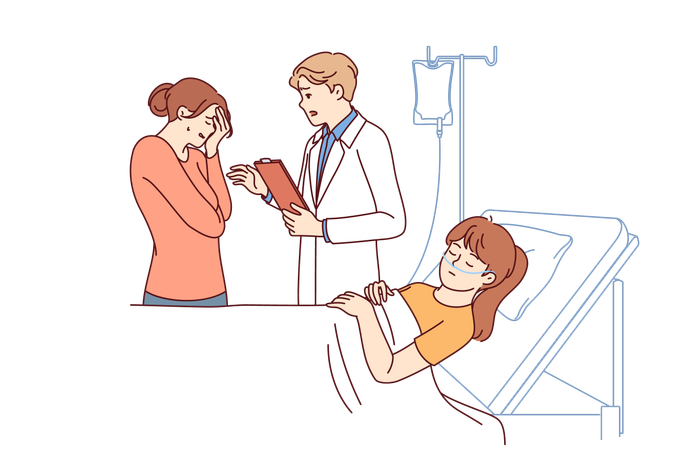 Hospitalized sick child lies unconscious on hospital bed near crying mother and doctor  Illustration