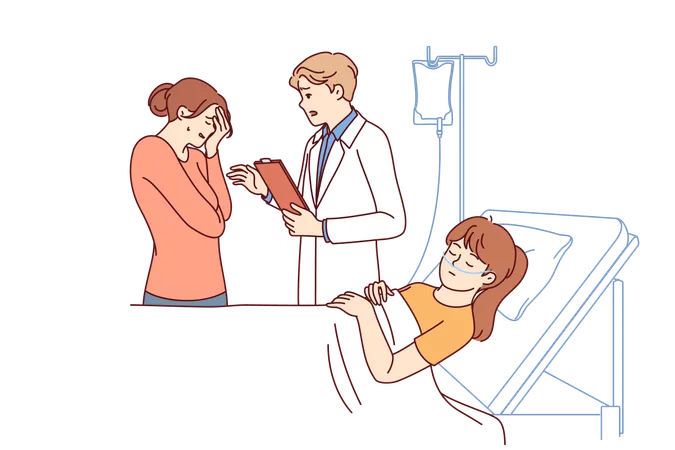 Hospitalized sick child lies unconscious on hospital bed near crying mother and doctor  Illustration