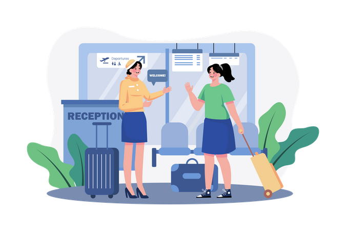 Hostess begrüßt Passagiere am Flughafenempfang  Illustration