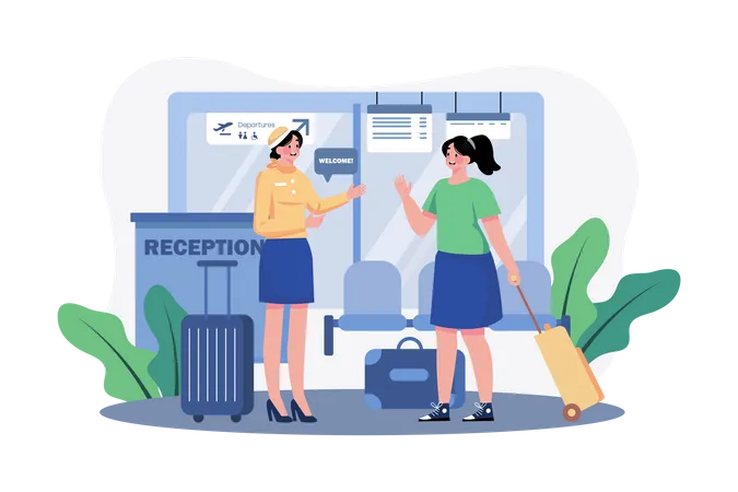 Hostess greets passengers at the airport reception Illustration