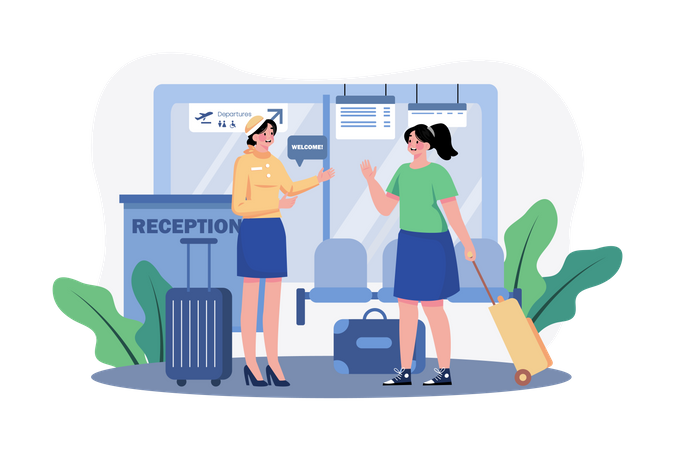 Hostess greets passengers at the airport reception  Illustration