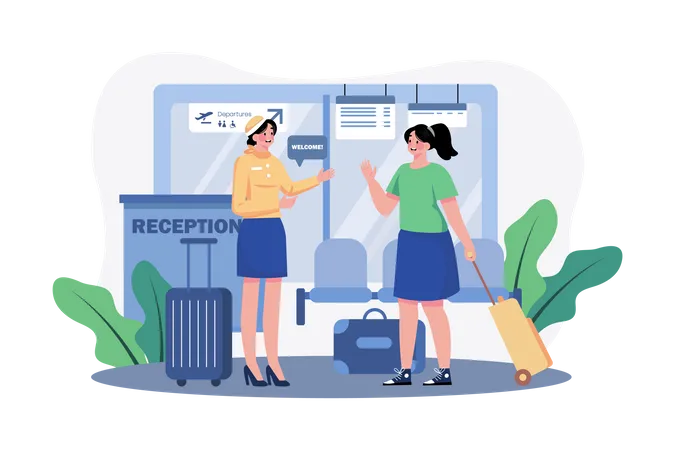 Hostess greets passengers at the airport reception  Illustration