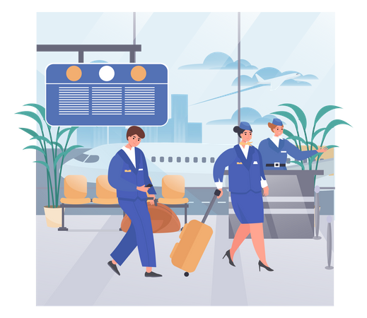 Hostess Helping Tourists In Airport  Illustration