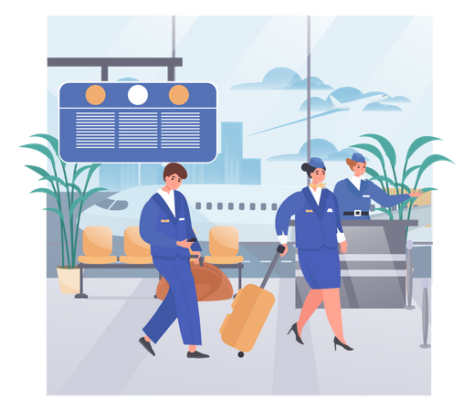 Hostess hilft Touristen im Flughafen  Illustration