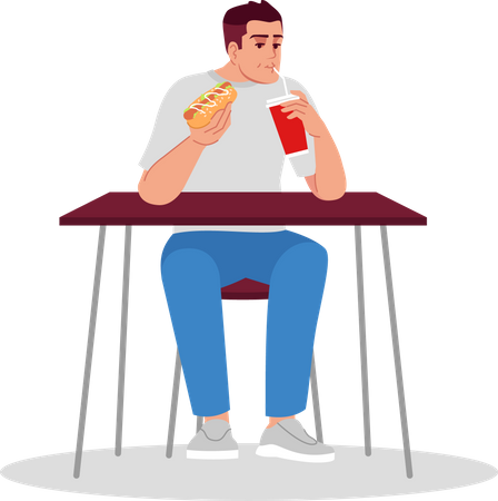 Hombre comiendo Hot Dog con bebida carbonatada  Ilustración