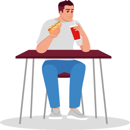 Hombre comiendo Hot Dog con bebida carbonatada  Ilustración