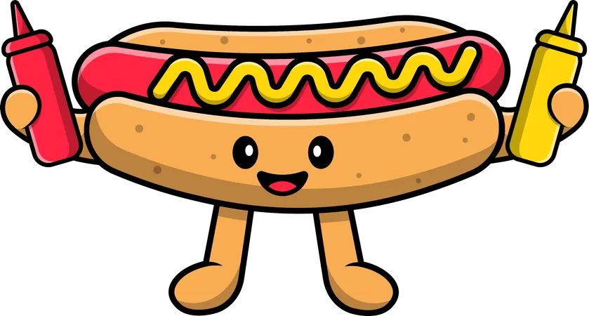 Hot Dog tenant de la moutarde et de la sauce  Illustration