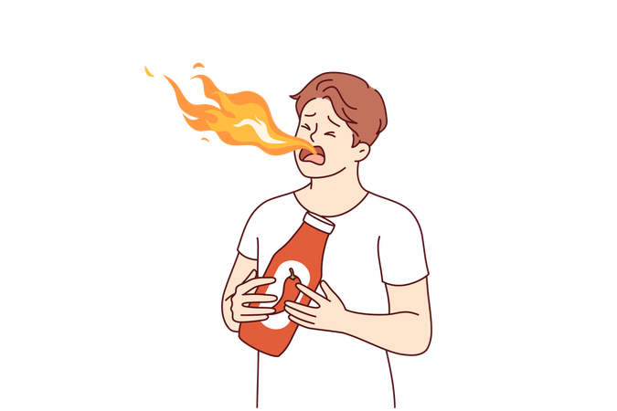 Hot sauce with chili pepper or tabasco tasted by man who was breathing fire from mouth  Illustration