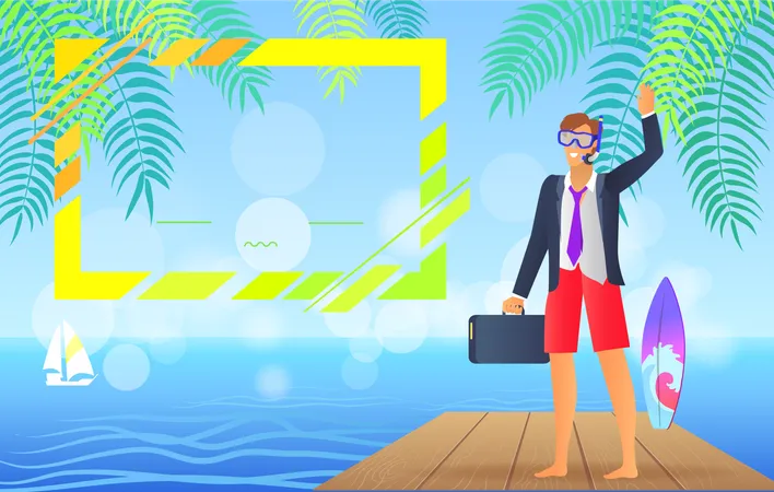 Hot Summer Days Colorful Poster With Headline And Man Wearing Suit With Suitcase And Diving Mask Surf Board And Sailboat Palm Vector Illustration Illustration