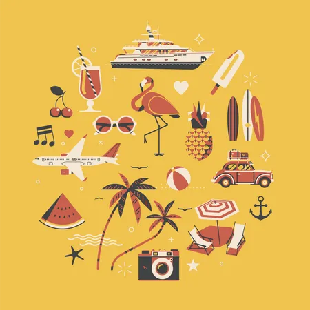 Hot Summer with vacation, travel and leisure themed decorative items Illustration