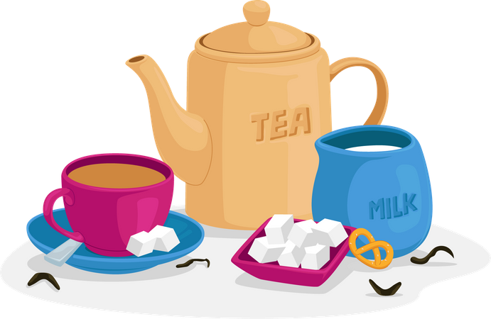 Hot tea with milk and sugar cubes Illustration