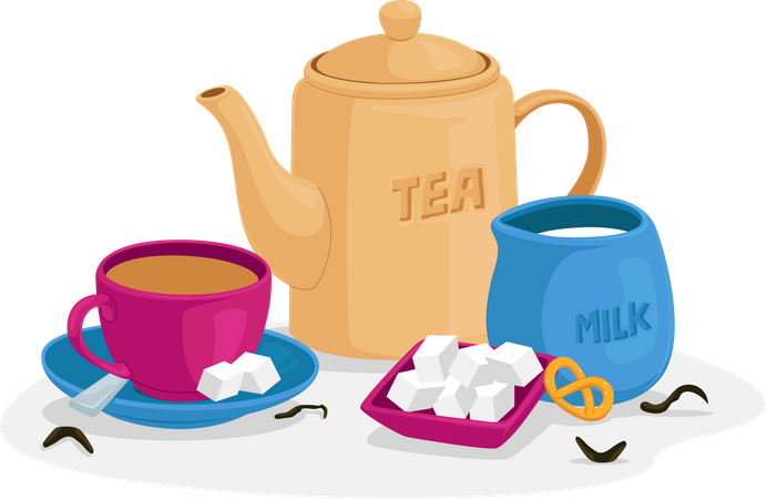 Hot tea with milk and sugar cubes  Illustration