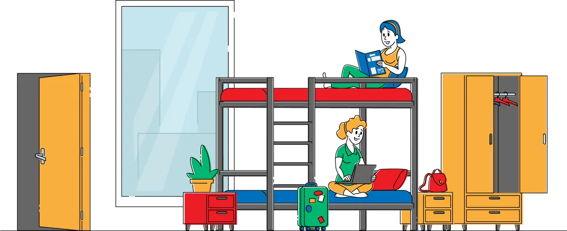 Cheap Hostel For Tourist Accommodation Female Characters Sitting On Bunk Bed Reading Book Work On Laptop Place For Living Alternative Home Room For Relaxation Linear People Vector Illustration Illustration