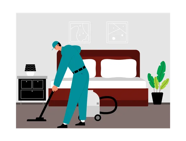 Hotel cleaning worker  with vacuum cleaner  Illustration