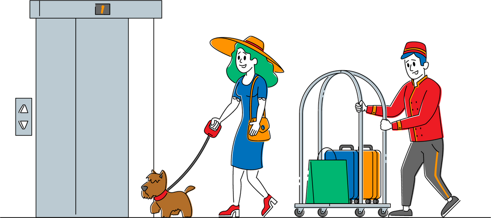 Hotel clerk carrying female tourist bags Illustration