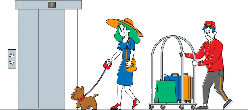 Hotel clerk carrying female tourist bags Illustration