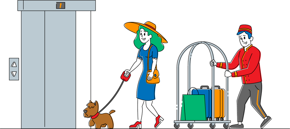 Hotel clerk carrying female tourist bags  Illustration