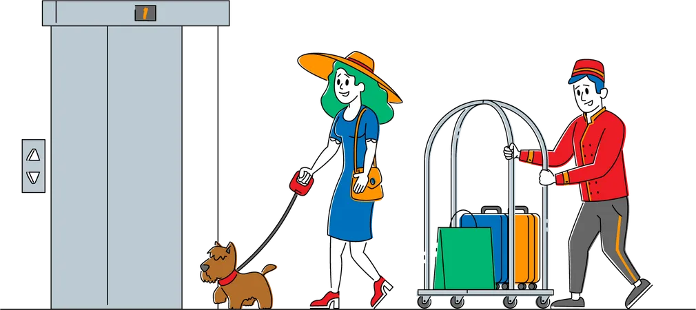 Hotel clerk carrying female tourist bags  Illustration