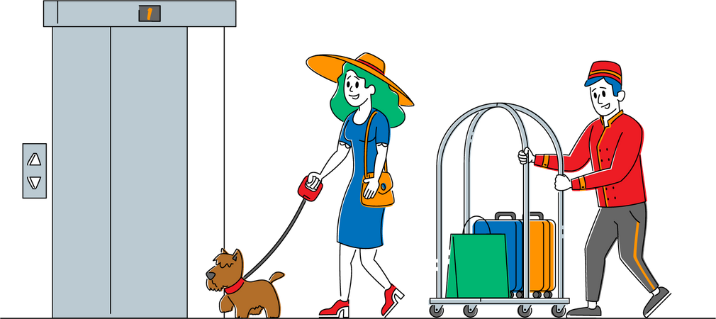 Hotel clerk carrying female tourist bags  Illustration
