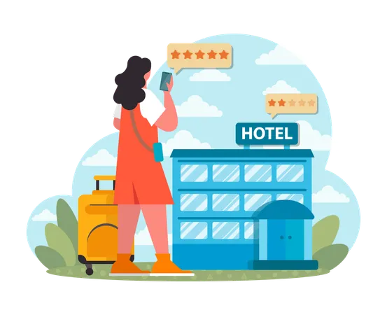 Hotel de má qualidade. Experiência de férias ruim. Turista azarado tendo  Ilustração