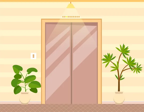 Elevator Made In Modern Style Door To Cabin Of Lift With Lifting Mechanism Expensive Passenger Lift In Hotel Or Residential Building Elevator Entrance Design Interior With Doors And Houseplants イラスト