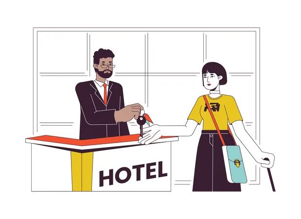 Hotel Front Desk Check In Flat Line Vector Spot Illustration Concierge Giving Key To Female Hotel Guest 2 D Cartoon Outline Characters On White For Web UI Design Editable Isolated Colorful Hero Image イラスト