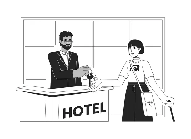 Hotel Front Desk Check In Bw Vector Spot Illustration Concierge Giving Key To Female Hotel Guest 2 D Cartoon Flat Line Monochromatic Characters For Web UI Design Editable Isolated Outline Hero Image Illustration