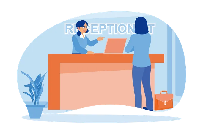 Hotel Guests Consult With The Receptionist In The Hotel Lobby  Illustration