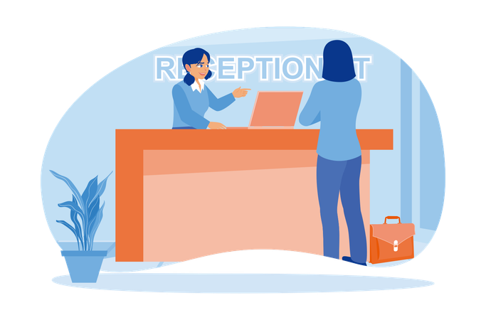 Hotel Guests Consult With The Receptionist In The Hotel Lobby  Illustration