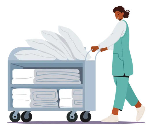 Hotel housekeeping with towels trolley  Illustration