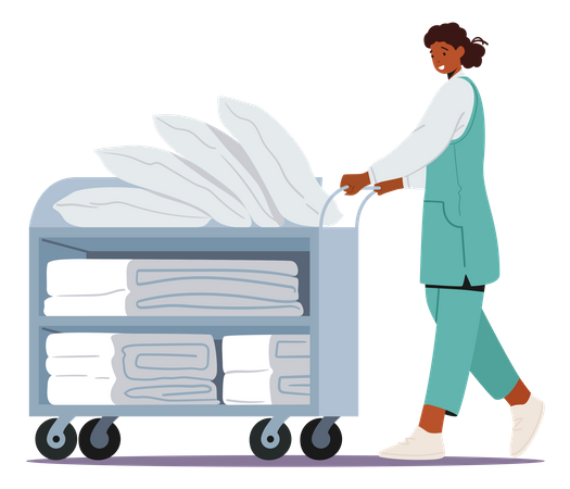 Hotel housekeeping with towels trolley  Illustration