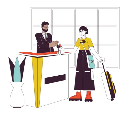Hotel Lobby Check In Flat Line Vector Spot Illustration Receptionist Giving Room Key To Asian Tourist 2 D Cartoon Outline Characters On White For Web UI Design Editable Isolated Colorful Hero Image Illustration