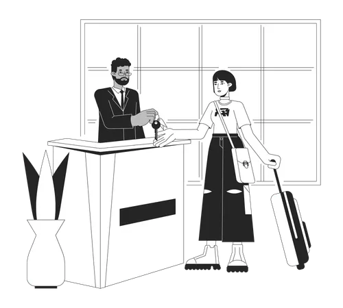 Hotel Lobby Check In Bw Vector Spot Illustration Receptionist Giving Room Key To Asian Tourist 2 D Cartoon Flat Line Monochromatic Characters For Web UI Design Editable Isolated Outline Hero Image イラスト