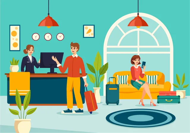 Hotel Reception Interior Vector Illustration With Receptionist People And Travelers For Booking In Flat Cartoon Background Illustration