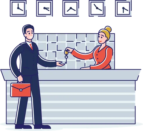 Hotel receptionist giving customer room key  Illustration