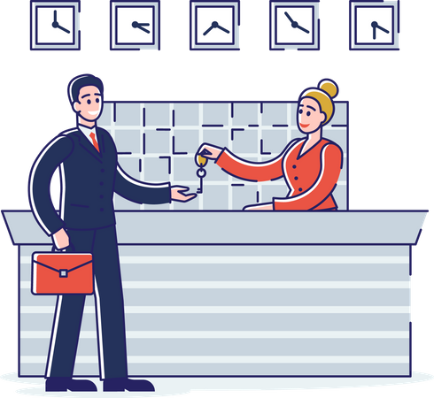 Hotel receptionist giving customer room key Illustration