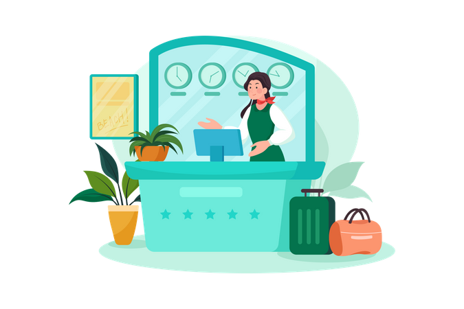 Hotel receptionist in the lobby at the front desk  Illustration