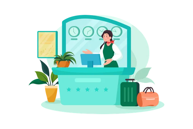 Hotel receptionist in the lobby at the front desk  Illustration