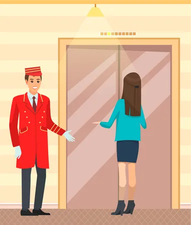 Hotel security guard welcoming guests to the hotel Illustration